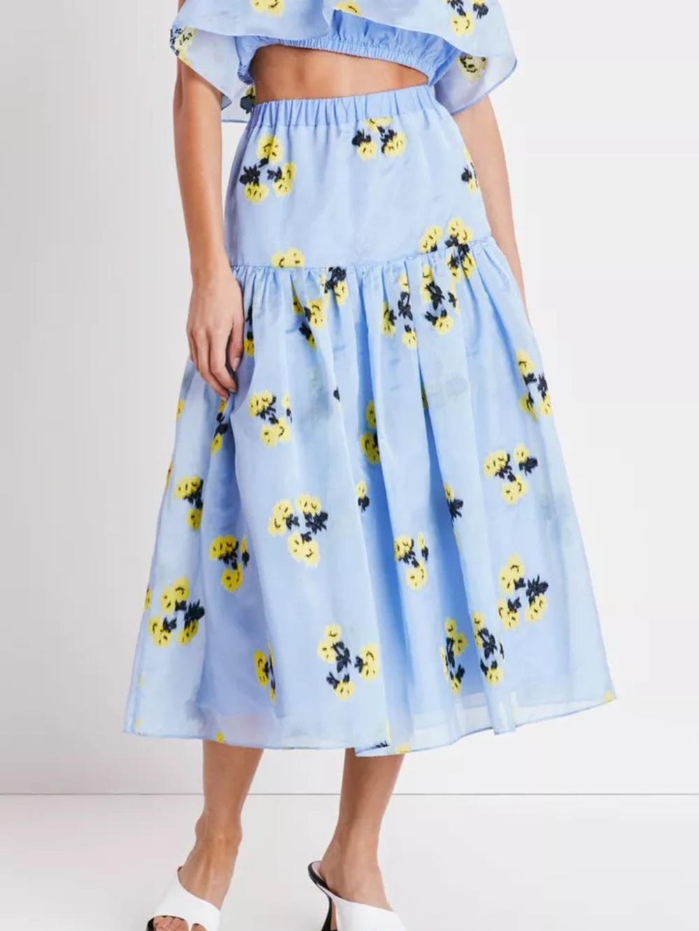 Tanya Taylor Lara Midi Skirt - Yellow/Blue Floral A-Line Sz Large